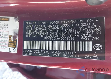 2004 Toyota Prius z USA, uszkodzony, nr VIN JTDKB22U640096365